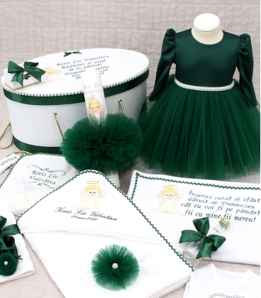Trusou botez fetite personalizat ingeras verde smarald set complet 15 piese
