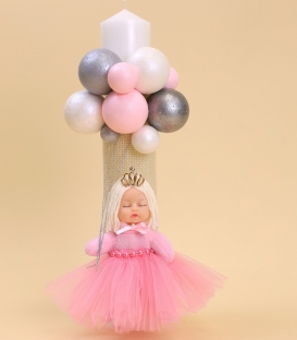 Lumanare de botez pentru fetita decorata cu baloane roz
